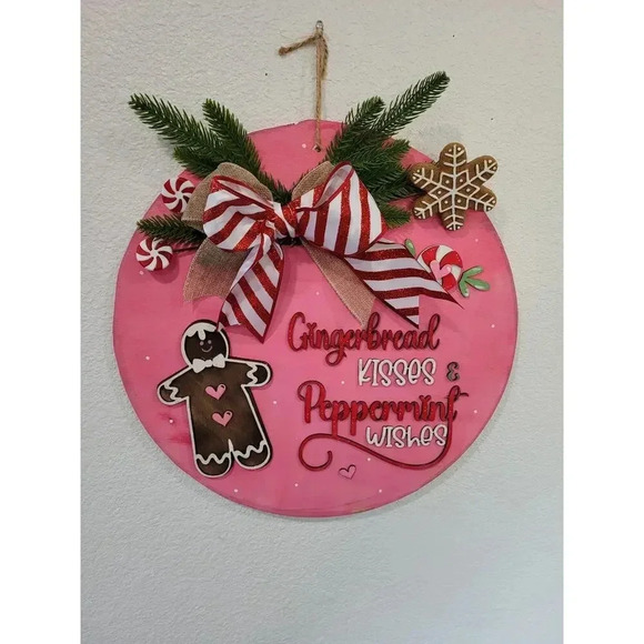 Gingerbread Kissed and Peppermint Wishes Wooden Round 15" Christmas‎ Door Hanger - Picture 1 of 5